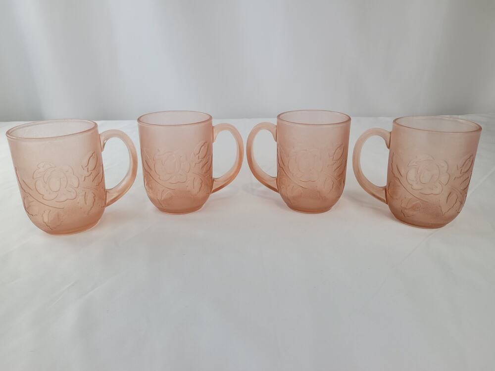 Pink Depression Glass Vintage Arcoroc France Rosaline Rose Coffee Mug Set of 4